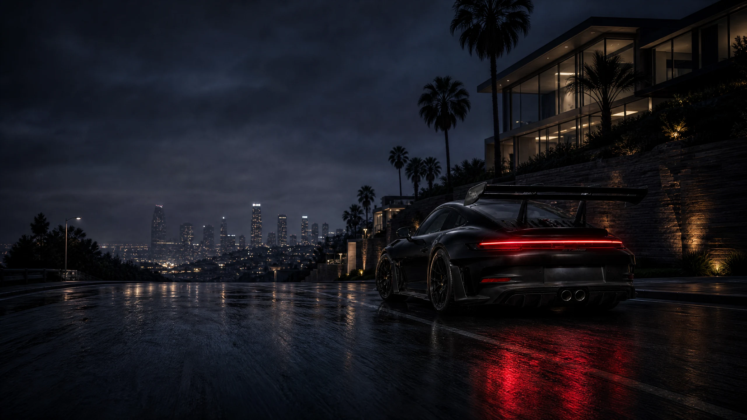 Satin-black Porsche 911 992 GT3 RS grounded on a rain-darkened Los Angeles boulevard with glowing red taillights